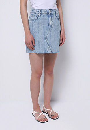 Regular Fit Çizgili Fermuarlı Kadın Mavi Etek