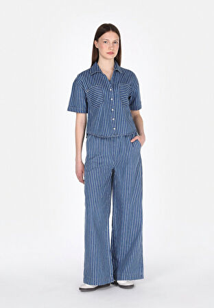 Loose Fit Orta Bel Düz Paça Kadın Mavi Jean Pantolon