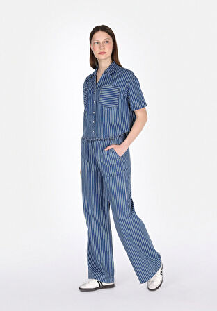 Loose Fit Orta Bel Düz Paça Kadın Mavi Jean Pantolon