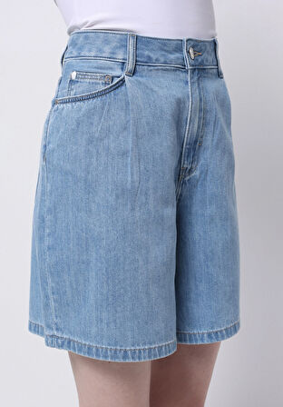 Loose Fit Yüksel Bel Düz Kadın İndigo Jean Şort