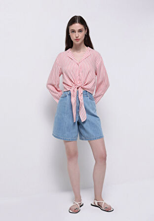 Loose Fit Yüksel Bel Düz Kadın İndigo Jean Şort