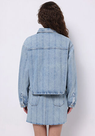 Oversize Fit Fermuarlı Astarsız  Kadın Mavi Ceket