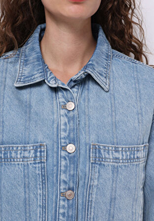 Oversize Fit Fermuarlı Astarsız  Kadın Mavi Ceket