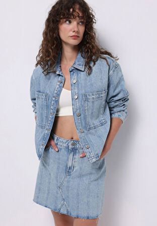 Oversize Fit Fermuarlı Astarsız  Kadın Mavi Ceket