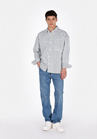 Oversize Fit Klasik Yaka Çizgili Erkek Denim Uzun Kol Gömlek