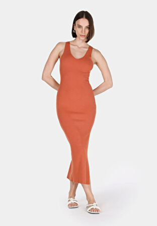 Slim Fit Düz Kadın Kahverengi Kolsuz Elbise