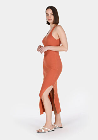 Slim Fit Düz Kadın Kahverengi Kolsuz Elbise