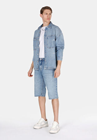 Straight Fit Orta Bel Düz Erkek Mavi Jean Şort