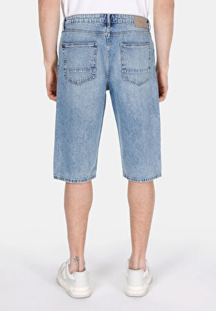 Straight Fit Orta Bel Düz Erkek Mavi Jean Şort