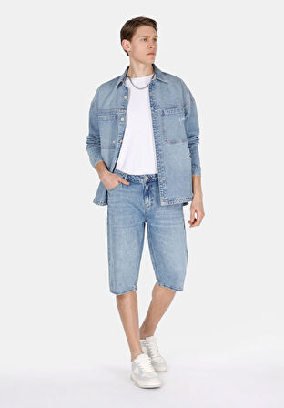 Straight Fit Orta Bel Düz Erkek Mavi Jean Şort