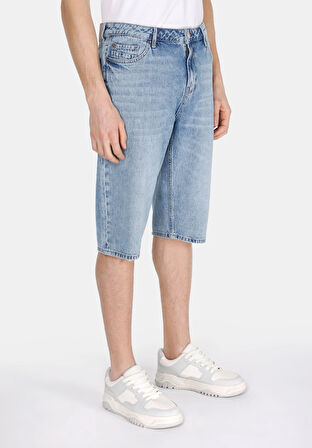 Straight Fit Orta Bel Düz Erkek Mavi Jean Şort