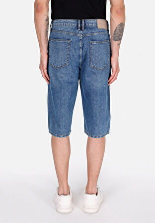 Straight Fit Orta Bel Düz Erkek Mavi Jean Şort