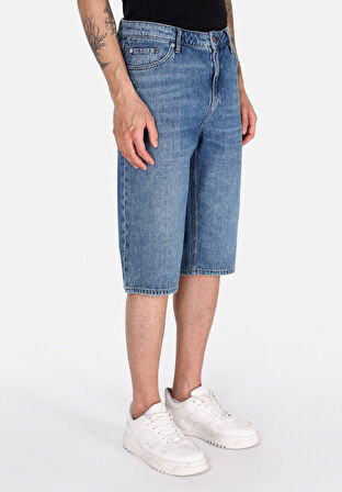 Straight Fit Orta Bel Düz Erkek Mavi Jean Şort