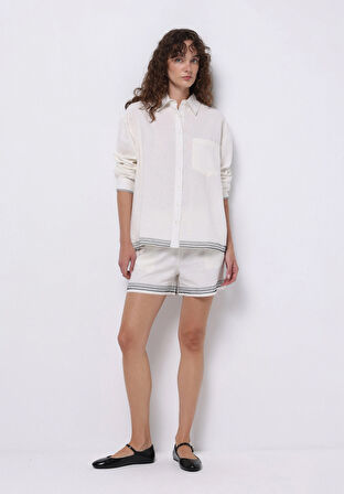 Regular Fit Shirt Neck Nakışlı Kadın Beyaz Uzun Kol Gömlek