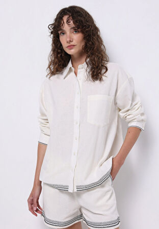 Regular Fit Shirt Neck Nakışlı Kadın Beyaz Uzun Kol Gömlek