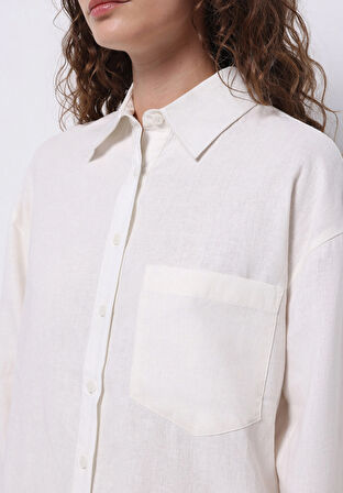 Regular Fit Shirt Neck Nakışlı Kadın Beyaz Uzun Kol Gömlek