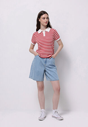 Loose Fit Yüksel Bel Düz Kadın İndigo Jean Şort