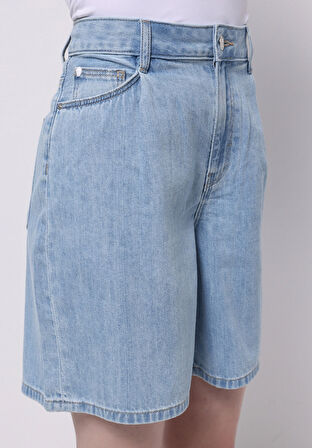 Loose Fit Yüksel Bel Düz Kadın İndigo Jean Şort