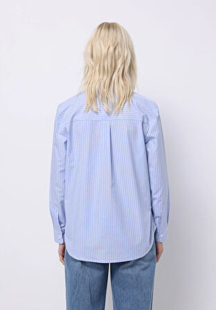 Regular Fit Shirt Neck Düz Kadın Mavi Uzun Kol Gömlek