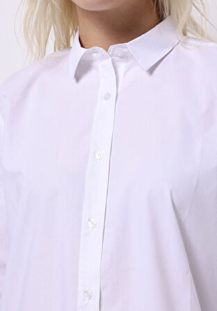 Regular Fit Shirt Neck Düz Kadın Beyaz Uzun Kol Gömlek
