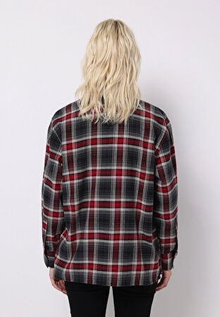 Regular Fit Shirt Neck Ekoseli Kadın Bordo Uzun Kol Gömlek