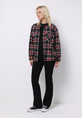 Regular Fit Shirt Neck Ekoseli Kadın Bordo Uzun Kol Gömlek