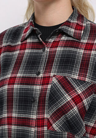 Regular Fit Shirt Neck Ekoseli Kadın Bordo Uzun Kol Gömlek