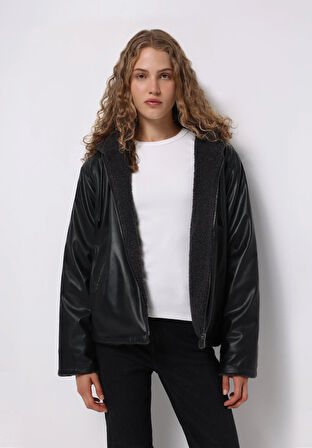 Regular Fit Kapüşonlu Fermuarlı Astarlı Çift Yönlü Kadın Antrasit Mont Pu