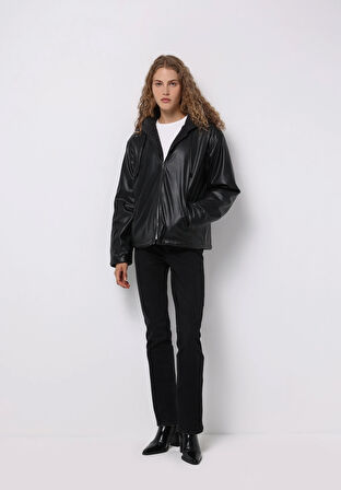 Regular Fit Kapüşonlu Fermuarlı Astarlı Çift Yönlü Kadın Antrasit Mont Pu