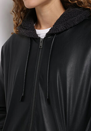 Regular Fit Kapüşonlu Fermuarlı Astarlı Çift Yönlü Kadın Antrasit Mont Pu