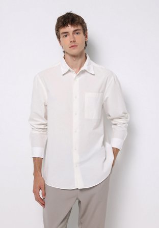 Comfort Fit Shirt Neck Düz Erkek Beyaz Uzun Kol Gömlek