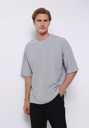Oversize Fit Yuvarlak Yaka Düz Erkek Mavi Kısa Kol Tişört