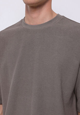 Oversize Fit Yuvarlak Yaka Düz Erkek Gri Kısa Kol Tişört