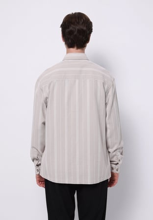 Regular Fit Shirt Neck Çizgili Erkek Bej Uzun Kol Gömlek