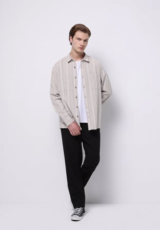 Regular Fit Shirt Neck Çizgili Erkek Bej Uzun Kol Gömlek