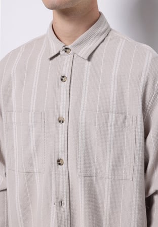 Regular Fit Shirt Neck Çizgili Erkek Bej Uzun Kol Gömlek