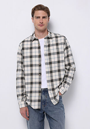 Regular Fit Shirt Neck Ekoseli Erkek Ekru Uzun Kol Gömlek