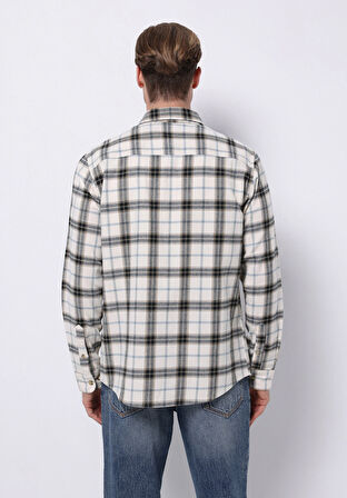 Regular Fit Shirt Neck Ekoseli Erkek Ekru Uzun Kol Gömlek