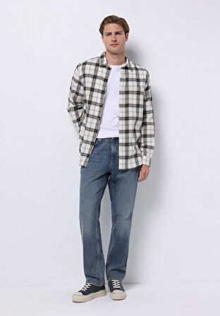 Regular Fit Shirt Neck Ekoseli Erkek Ekru Uzun Kol Gömlek