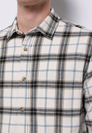 Regular Fit Shirt Neck Ekoseli Erkek Ekru Uzun Kol Gömlek