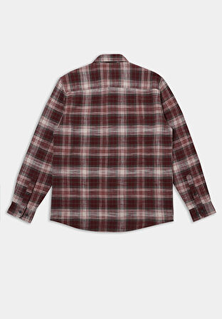 Regular Fit Shirt Neck Ekoseli Erkek Bordo Uzun Kol Gömlek