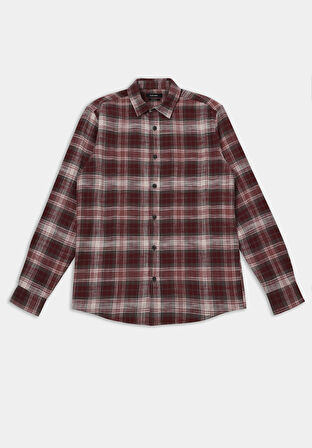 Regular Fit Shirt Neck Ekoseli Erkek Bordo Uzun Kol Gömlek