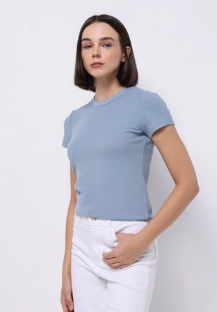 Slim Fit Yuvarlak Yaka Düz Kadın Mavi Kısa Kol Tişört