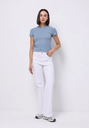 Slim Fit Yuvarlak Yaka Düz Kadın Mavi Kısa Kol Tişört