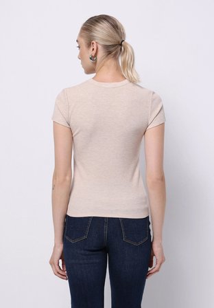 Slim Fit Yuvarlak Yaka Düz Kadın Bej Kısa Kol Tişört