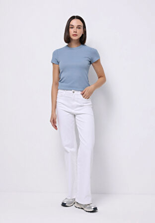 Slim Fit Yuvarlak Yaka Düz Kadın Mavi Kısa Kol Tişört