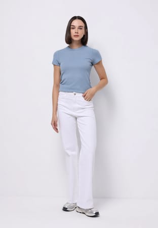 Slim Fit Yuvarlak Yaka Düz Kadın Mavi Kısa Kol Tişört