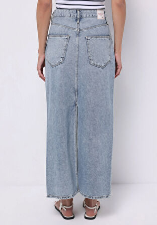 Slim Fit Düz Fermuarlı Kadın Açik Mavi Etek