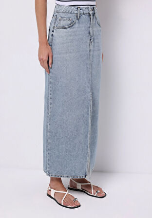 Slim Fit Düz Fermuarlı Kadın Açik Mavi Etek