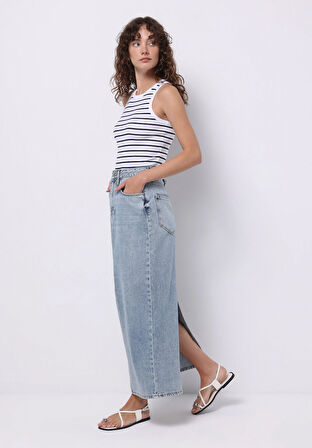 Slim Fit Düz Fermuarlı Kadın Açik Mavi Etek